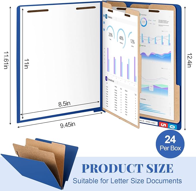 Skyygemm 24 Pack Classification Folders, Letter Size,2 Dividers,Dark Blue | Pressboard File Folders, 2 Prong Fasteners, 2" Expanding, Manila, End Tab, for Office School Legal Records Medical - Image 2