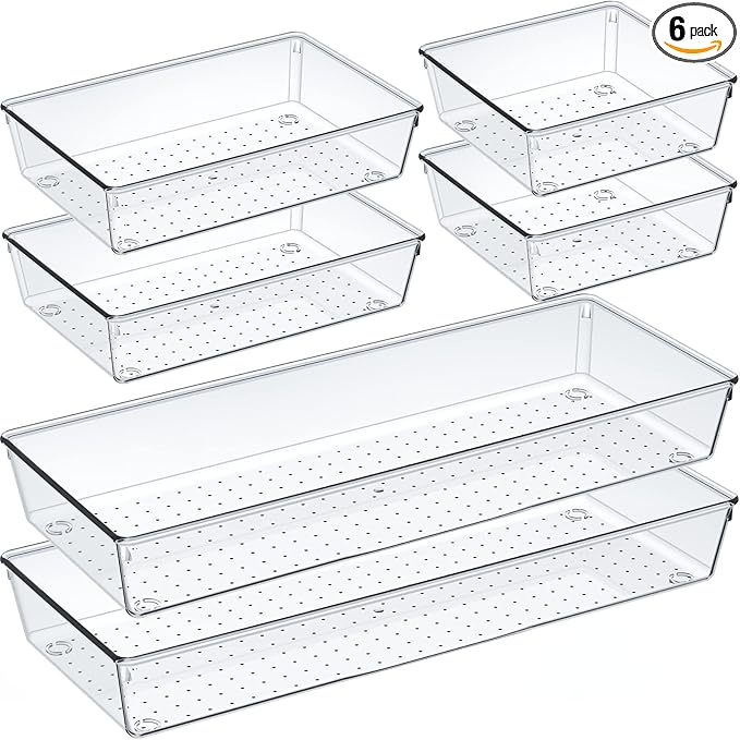 6 Pcs Large Size Clear Drawer Organizer Set, Acrylic Non Slip Non Cracking Kitchen Drawer Storage Tray Divider, Multifunctional Storage for Cosmetics, Bathroom, Tools, Kitchen and Office by Criusia