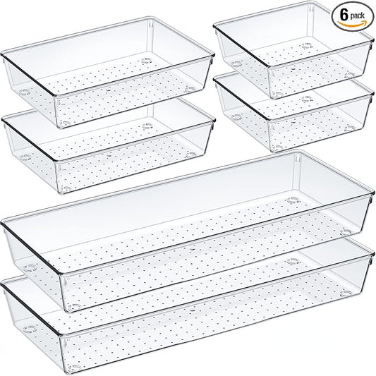 6 Pcs Large Size Clear Drawer Organizer Set, Acrylic Non Slip Non Cracking Kitchen Drawer Storage Tray Divider, Multifunctional Storage for Cosmetics, Bathroom, Tools, Kitchen and Office by Criusia