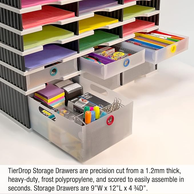 Ultimate Office TierDrop Storage Drawers, 9w x 12d x 4.75h, Set of 3, Clear | Color-coded finger rings for easy access to contents; stores desk accessories and supplies; designed for TierDrop organizers - Image 4
