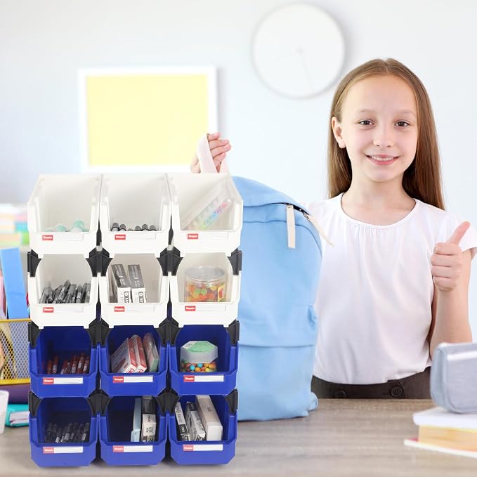 12 Packs Stackable Storage Bins, 11" x 5" x 5" Plastic Bins, | Space-Saving Parts Bin for Garage, Warehouse, Workbench, Hardware & Office - Image 7