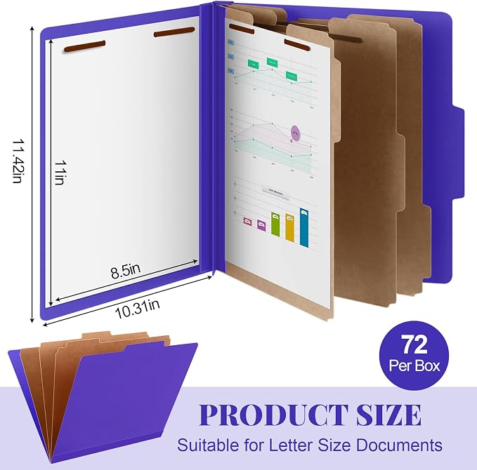 Skyygemm 72 Pcs Classification Folder Letter Size, 3 Divider File,Purple | Back to School Supplies, Pressboard File with Fastener, Expanding Organizer Bulk for School Teacher, Office Employee, Staff - Image 2