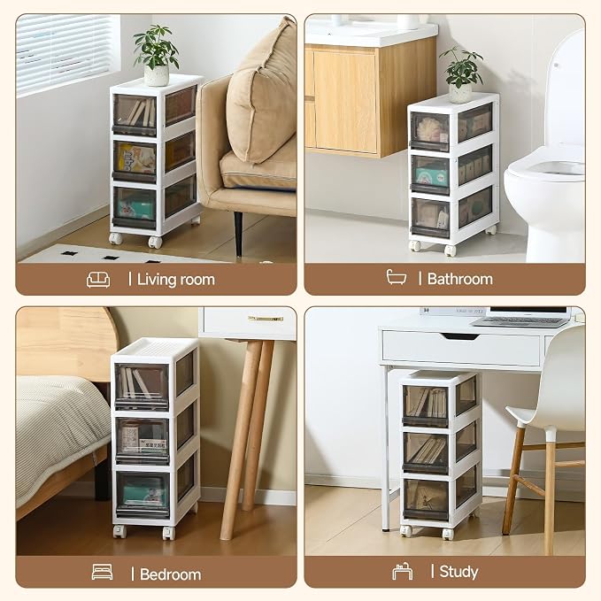 Plastic 3 Drawer Storage Organizer, Narrow Plastic Storage Drawers with Wheels, Storage Cart with Drawers for Small and Narrow Space, 7.87-inch Wide (gray) - Image 7