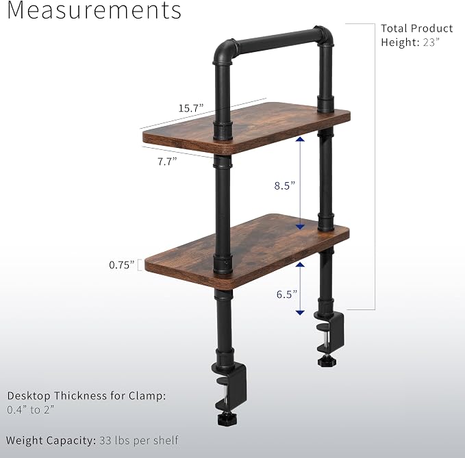 VIVO Clamp-on Premium 16 inch Industrial Pipe 2-Tier Tabletop Shelving, Heavy Duty Desk Extension Organizer, Modern Desktop Display Shelf, Rustic Vintage Brown Shelves, DESK-SHELF16-2N - Image 3