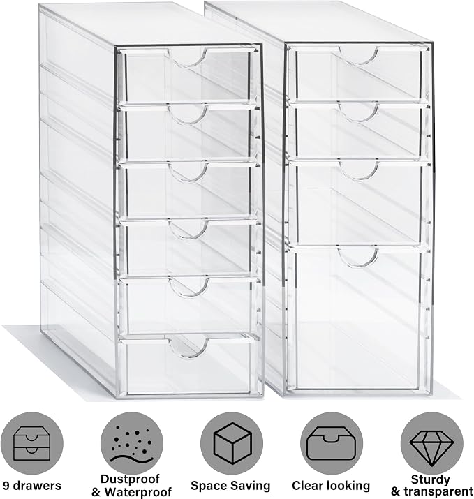 Prsildan Hair Accessories Organizer Acrylic Drawer with 10 Drawers | Clear, Craft Art Supply Storage, For Office Desk Bathroom Vanity Countertop, Set of 2 - Image 9