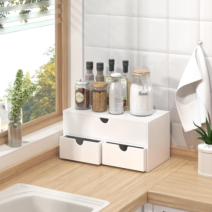 Bamboo Desk Organizer with Drawers Desktop Storage Drawers for Bills Office Supplies Kitchen Utensils Organizing Tool for Home Classroom Organization No Assembly (White) - Image 2