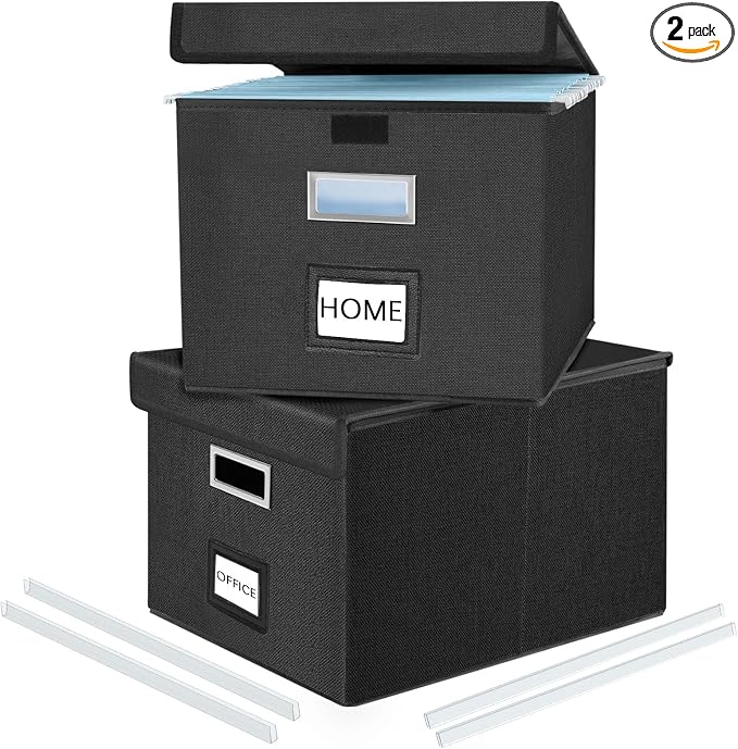 File Organizer Box with Lids, Collapsible File Folder Organizer | File Box with Plastic Slides for Office Document Storage, Filing Bin for Letter Size Hanging File Folders (2 Pack, Black) by Huolewa