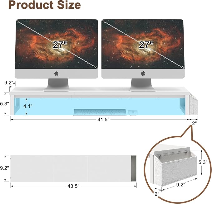 LAND·VOI Dual Monitor Stand Riser,41.5'' Long Monitor Stand for 2 Monitors, Wood and Steel Computer Monitor Stand, Desktop Oraganizer with Pen Holder, Monitor Riser for Desk Computer,Laptop,TV, White - Image 7