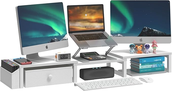 LAND·VOI Heavy Duty Dual Monitor Stand, Holds 2 Screens Up to 27 Inches, Adjustable Length and Angle Monitor Riser, Desk Organizer with Side Pockets and Drawers, Home Office Desk Storage, White by LAND%C2%B7VOI