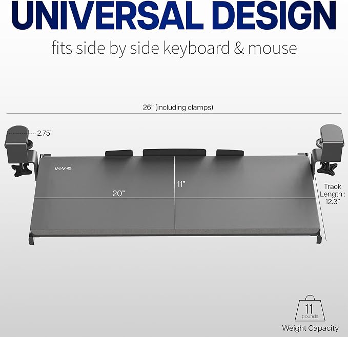 VIVO Small Keyboard Tray, Under Desk Pull Out with Extra Sturdy C Clamp Mount System, 20 (26 Including Clamps) x 11 inch Slide-Out Computer Platform Drawer, White, MOUNT-KB05ES-W | Keyboard Tray for Typing, Slide Out Platform, Extra Sturdy C-Clamp Moun... - Image 5