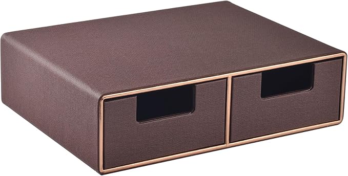 Linen Leather Desk Organizer and monitor stand with Drawers－Mini Desktop Drawer Organizer Stackable－Tabletop Organization Storage Box for Office Supplies Home Vanity Toiletries (Brown, 2-drawers) by RHCSZ