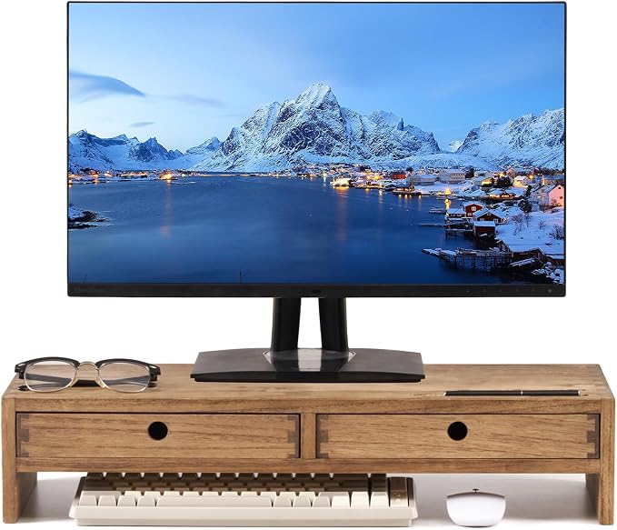 KIRIGEN Solid Wood Monitor Stand with 2 Drawers, Desk Riser, Brown PMJ-DBR | Desktop Organizer with Cable Opening and Pen Slots Stores Office Supplies, Supports Up To 50 Lb and Arrives Fully Assembled by KIRIGEN