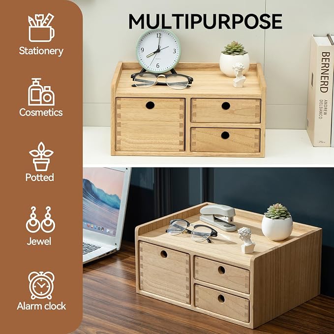 KIRIGEN Wooden Desk Organizer with 3 Drawers and Top Tray Natural DT1D3C-NA | 3-Drawer Cabinet with Top Tray Stores Office Supplies, Toiletries, Tools, Crafts, and Small Accessories on Desks or Counters - Image 6