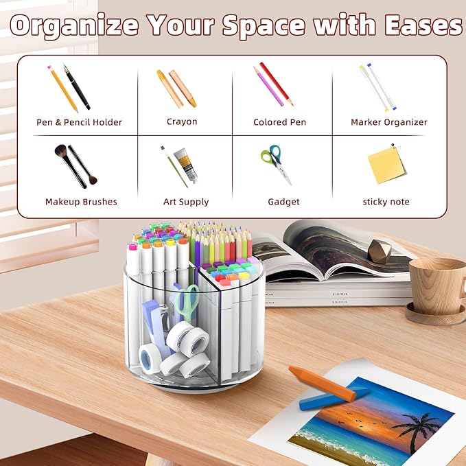 Pencil Holder for Kids, 360 Rotating Pen Holder for Desk Organizer and Storage, 4 Compartments Art Supply Marker Organizer, Pen Organizer Pencil Holder - Image 2