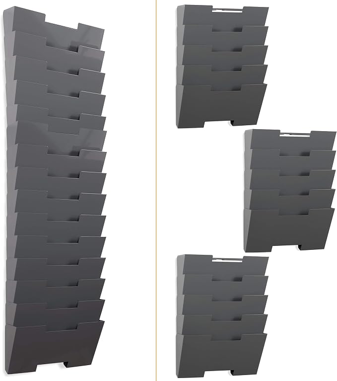Wallniture Lisbon 15-Tier Wall Mounted File Holder and Desk Organizer, Metal Gray Office Organization and Storage Rack - Image 4