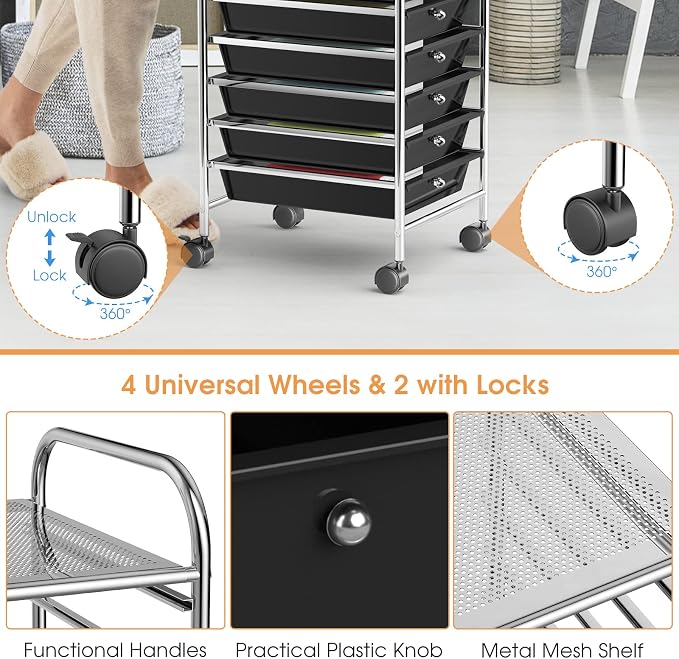 Storage Cart, Rolling Utility Cart with 10 Drawers, Portable Handles & Lockable Wheels, Mobile Paper Toys Storage Organizer Large Capacity for Home Office School Teacher (Black) - Image 6