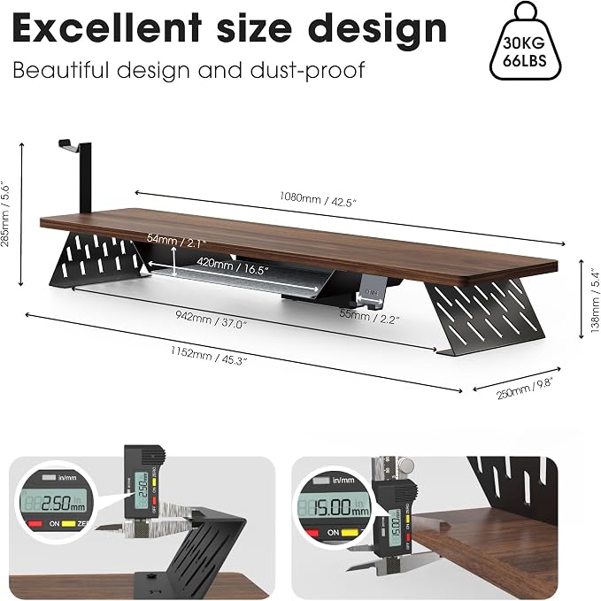 Fenge Dual Monitor Stand, Wooden Desk Shelf with Headphone & Phone Holder | 42.5" Monitor Riser with Storage Shelf, 2-Tier Monitor Shelf with Metal Leg for Home Office Organizer, Brown - Image 4