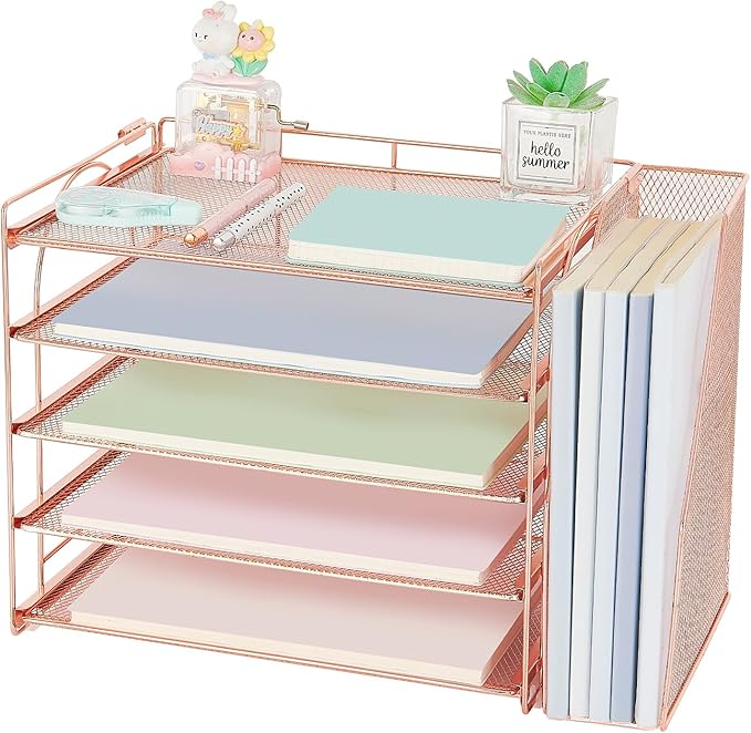 AUPSEN Rose Gold Desk Organizers and Accessories, 5-Tier Desktop Paper File Organizer with Removable File Holder, Desk Accessories & Workspace Organization for Home Office Supplies (Rose Gold) by AUPSEN