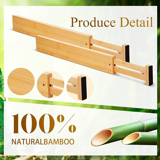 Sawysine 12 Pcs Bamboo Drawer Dividers Adjustable Drawer Organizers Spring Separators Organization Expandable Organizers for Kitchen Bedroom Bathroom Dresser Office (Natural Color,22 x 2.4 Inche) - Image 3