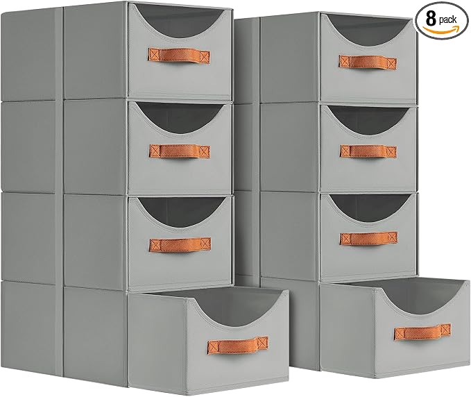 Stackable Storage Drawers - Collapsible Storage Bins with Drawers, 8 Pack Closet Shelf Organizer Basket, Fabric Pull Out Organizer for Bedroom, Living Room, Dorm, Grey by Homsorout