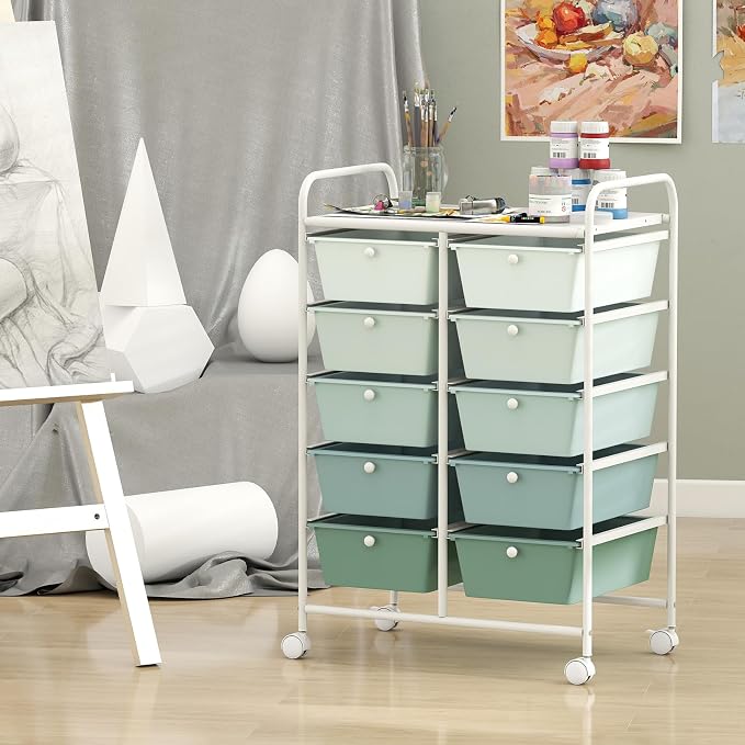 Giantex 10 Drawers Rolling Cart, Classroom Organizers, Storage Cart with Wheels, for Teacher Office Home School Supplies Tool Craft Art Paper, Green Gradient - Image 4