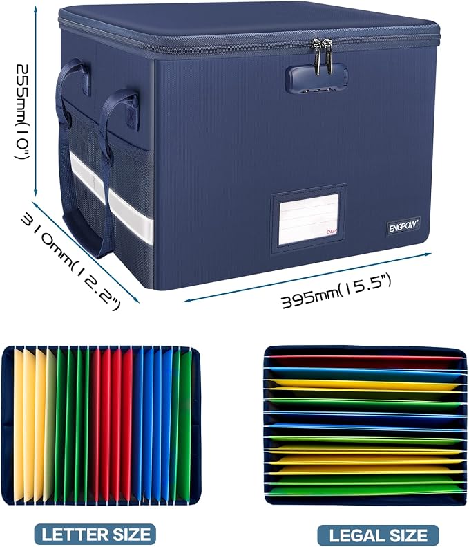 ENGPOW File Box with Lock, Fireproof Document Box with Zipper＆Pockets, Collapsible File Organizer Filing Storage Cabinet with Handle, Portable Home Office Safe for Hanging Letter/Legal Folder, Blue - Image 5