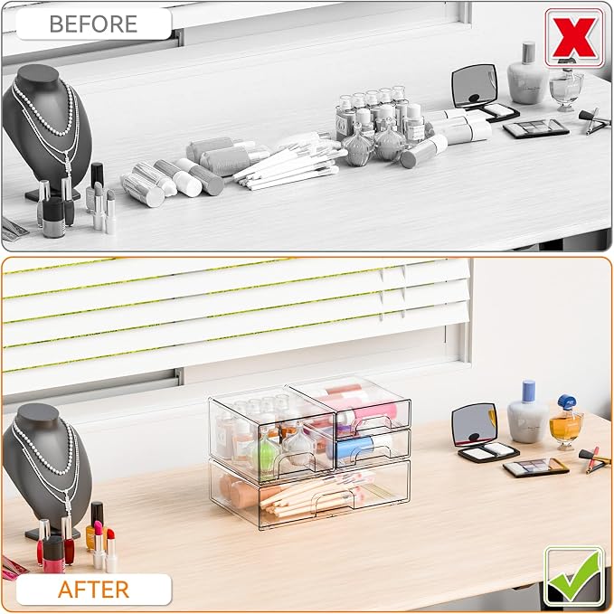 4 Pack Clear Stackable Storage Drawers,Acrylic Drawer Organizer for Medicine,Palettes,Hair Accessories and Makeup Organizer,Plastic Drawers for Cabinet,Office,Desk,Bathroom Storage Containers - Image 5