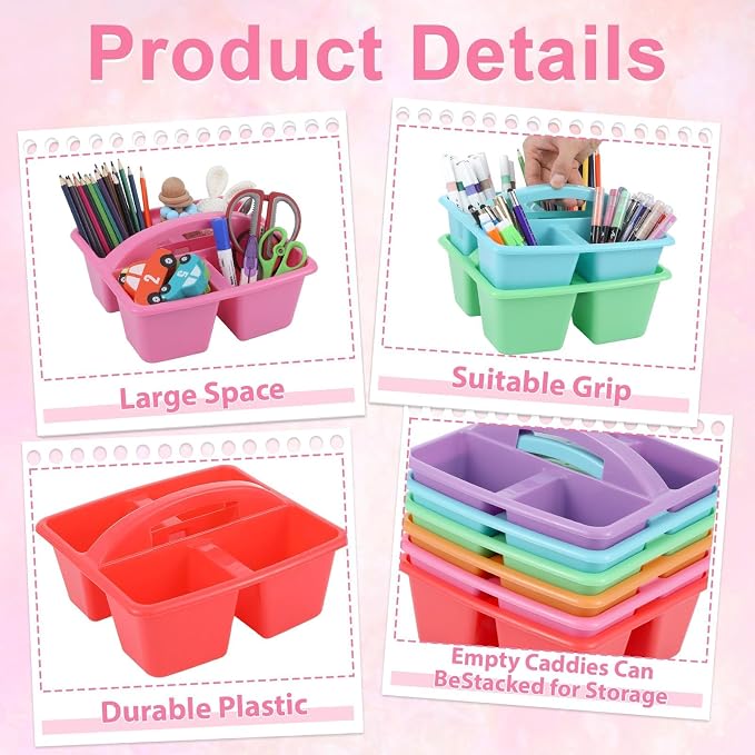 6 Pack Assorted Colors Classrooms Caddy 4 Compartment Classroom Caddy Compartment Caddies Set Table Caddies Classrooms with Handle for Classroom Organization Table Desk Office Supplies(Rainbow) - Image 3