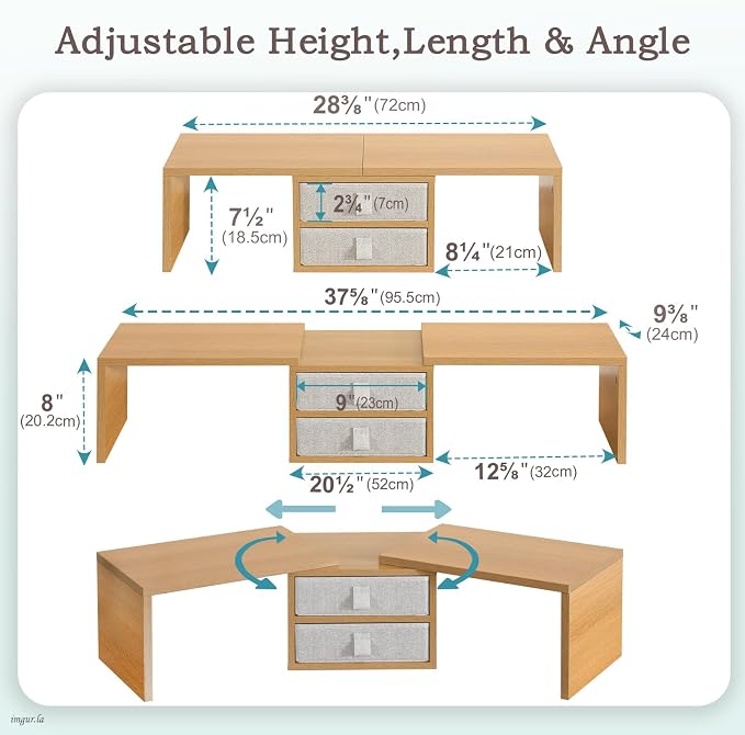 TEAMIX 42 inch Dual Monitor Stand Riser with 2 Drawers- Length and Angle Adjustable 3 Shelf Riser with Storage Desk Organizer Computer Monitor Stand for 2 Monitors/Laptop/PC,Screen/TV Stand Riser - Image 3
