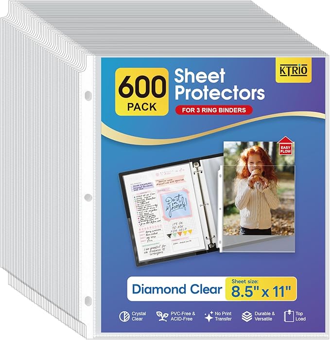 KTRIO Sheet Protectors for 3 Ring Binder 600 Pack, Plastic Sleeves 8.5 x 11 | Clear Page Protectors, Acid-Free Plastic, Fits Letter Size Paper Documents, Top Loading, Business Office School Supplies by KTRIO