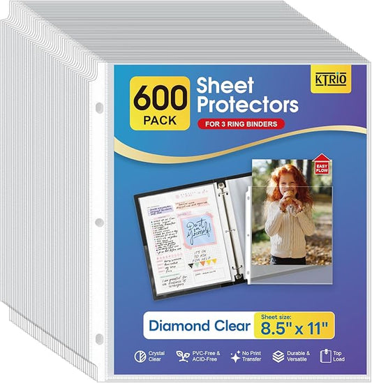 KTRIO Sheet Protectors for 3 Ring Binder 600 Pack, Plastic Sleeves 8.5 x 11 | Clear Page Protectors, Acid-Free Plastic, Fits Letter Size Paper Documents, Top Loading, Business Office School Supplies by KTRIO