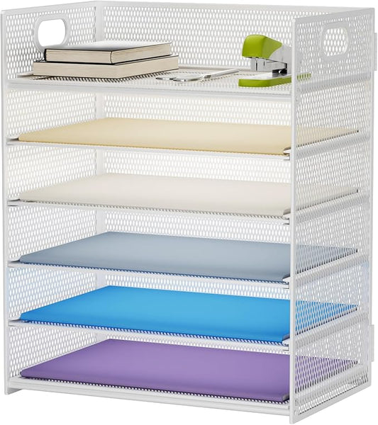 Marbrasse 6 Tier Paper Organizer Letter Tray - Mesh Desk File Organizer with Handle, Paper Sorter for Letter/A4 Office File Folder Holder - White by Marbrasse