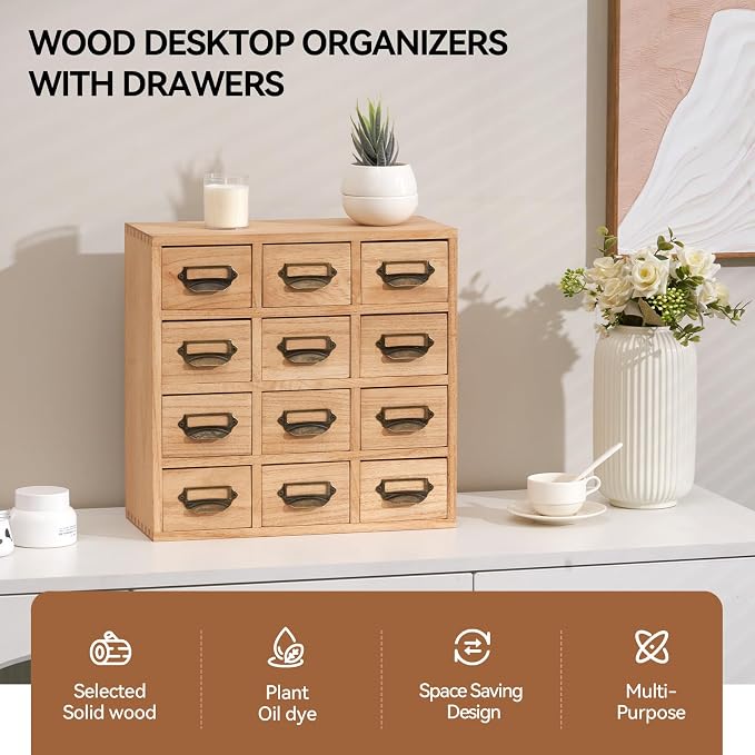 KIRIGEN Wooden Storage Cabinet, 12-Drawer Desktop Organizer Natural 12CG-NA | 12 Mini Drawers with Metal Label Holder Pulls for Cards, Crafts, Tea Bags, Jewelry, Office Supplies, and Small Parts - Image 4