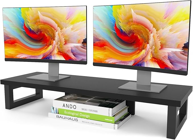 WESTREE Dual Monitor Stand Riser, Wood and Steel Monitor Stand Riser, Computer Monitor Stand for 2 Monitors, Multi-Purpose Desktop Storage Stand for Computer,Laptop,Printer,TV by WESTREE