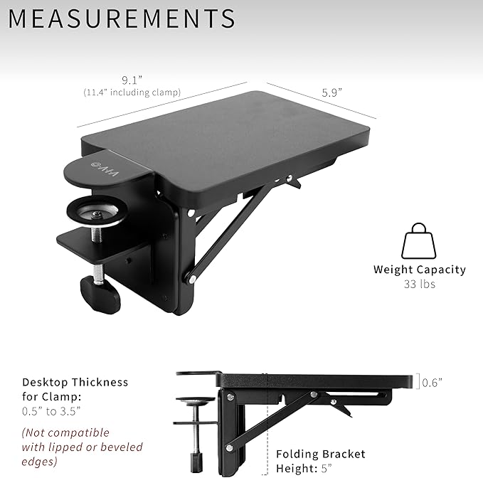VIVO Clamp-on 6 x 9 inch (11 Including Clamps) Desk Extender, Wrist Support, Armrest Tray, Table Mount for Sit Stand Desks, Black, DESK-EXT09 | Wrist Support, Armrest Tray, Table Mount for Sit Stand Desks - Image 5