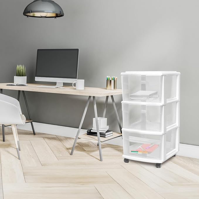 HOMZ Drawer Tower, 3-Tier Storage Cart with Removable Wheels, White Frame | Plastic Organizer with Clear Bin Drawers for Bedroom, Bathroom, Home Office, and Dorm Rooms - Image 2