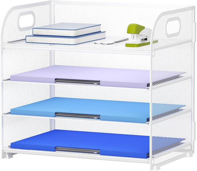 Marbrasse 4 Tier Paper Organizer Letter Tray, Mesh Desk File Organizer with Handle, Paper Sorter Organizer for Letter /A4 Office File Folder Holder（White, 12.6" x 9.1" x 10.7"） by Marbrasse