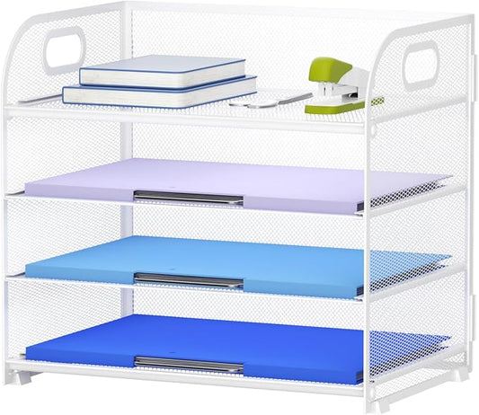 Marbrasse 4 Tier Paper Organizer Letter Tray, Mesh Desk File Organizer with Handle, Paper Sorter Organizer for Letter /A4 Office File Folder Holder（White, 12.6" x 9.1" x 10.7"） by Marbrasse