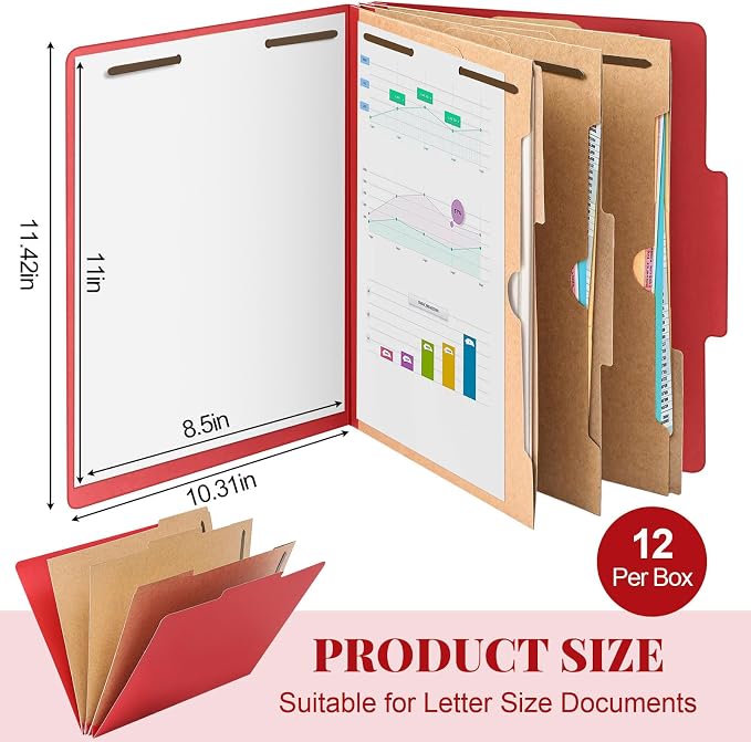 Skyygemm 12 Pcs Classification Folders 3 Pocket Dividers Letter Size Employee File Folder with 2 Prong Fasteners 2 in Expansion Pressboard Medical Document Organizers Bulk for School Office(Red) - Image 2