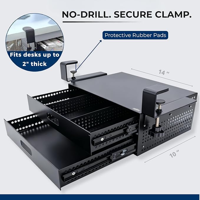 Clamp-On Under Desk Drawer Slide Out - No-Drill Metal Storage, LINEWISE | Also works as an under-table storage drawer, organizer, or attachment - installs in minutes, no tools, no damage. - Image 2
