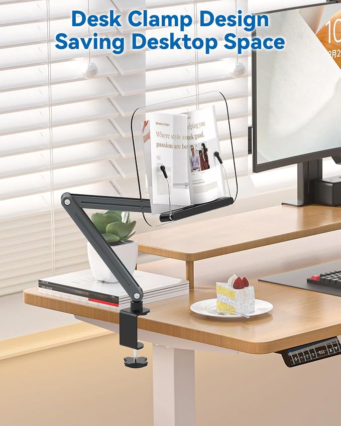 Desk Clamp Acrylic Book Stand for Reading, Ergonomic Design Adjustable Height up to 20 inches with Rotating Bases Cookbook Stand, Suitable for Recipe, Sheet Music, Tablet(Gray) - Image 3
