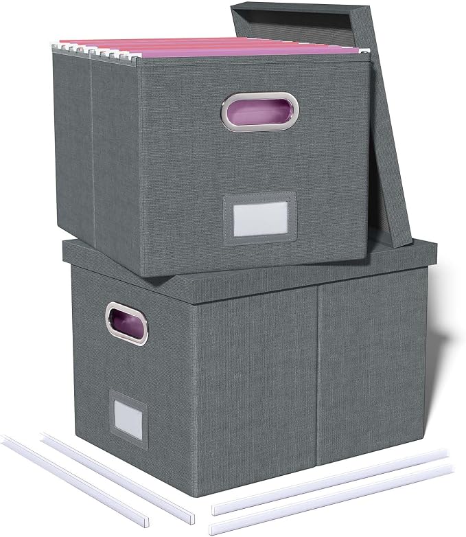 2 Pack File Storage Organizer, Filing Box, Portable File Box with Lid, Fit for Letter/Legal File Folder Storage, Document Organizer, Dark-gray by Oterri
