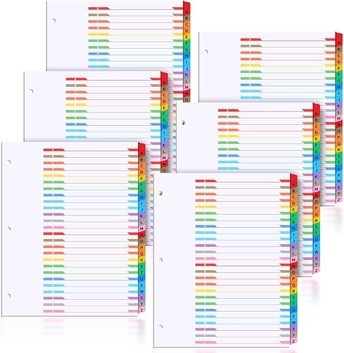 Sinload 6 Set A-Z 26 Tab Dividers for 3 Ring Binders, 8.5 x 11 Inch Alphabet Binder Divider a to Z Divider with Multicolor Alphabetical Tab Alphabetical File Divider for Page Notebook File by Sinload