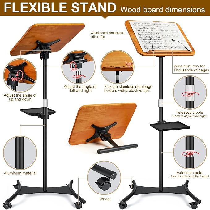 2 in 1 Dual-use Music Stand & Desktop Book Stand, Adjustable Height 16.5"-51", 100% Solid Wood Laptop Floor Stand Book Holder with Elastic Page Clips for Cookbooks (Brown with Tray and Wheels) - Image 5