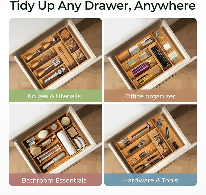 Carbonized Bamboo Kitchen Drawer Organizer, 8 Slots Silverware Organizer, Utensil Holder & Cutlery Tray, 2.2" Deep for Extra Capacity, Non-Slip Feet Included - Image 8