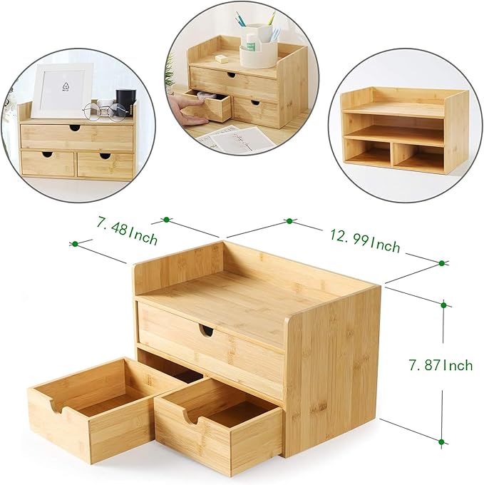 Bamboo Desk Organizer with Drawers, 3-Drawer Desktop Storage Box | 3 Drawers Open Top Tray Fully Assembled Stores Pens, Notes, Makeup, Jewelry & Toiletries for Office, Vanity & Bath - Image 3