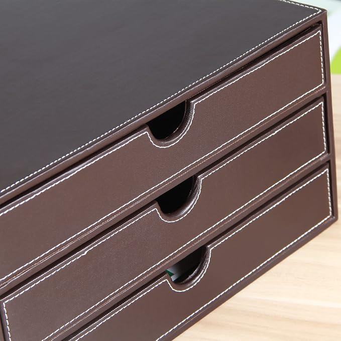 Stackable 3-Drawer Desk Organizer, Executive Office Supplies Desktop Filing A4 File Cabinet/Holder, Leather Storage Box for Document/Paper/Home Decor Accessories (brown)… - Image 7