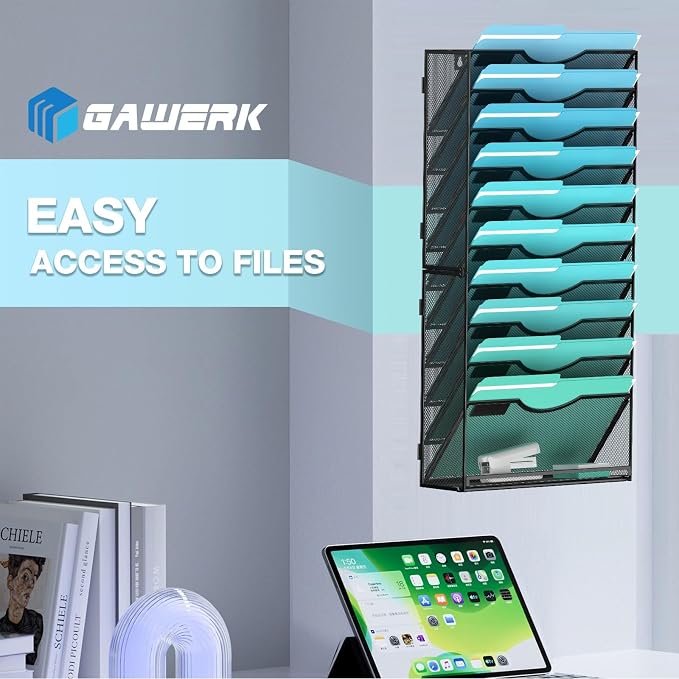 Gawerk 11-Tier Wall File Organizer Hanging Wall File Holder Wall Mount Paper Folder Organize, Mesh Magazine Document Mail Organizer Wall Organizer for Office School Home, Black - Image 6