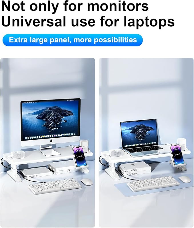 Computer Monitor Stand Riser for Desk with Usb Hub Charging,30W/5Gbps Usb C Docking Station with Power,4.4-5.7'' Height Adjustable with Phone Holder,Monitor Stands Riser for PC,Laptop,Printer(White) - Image 7