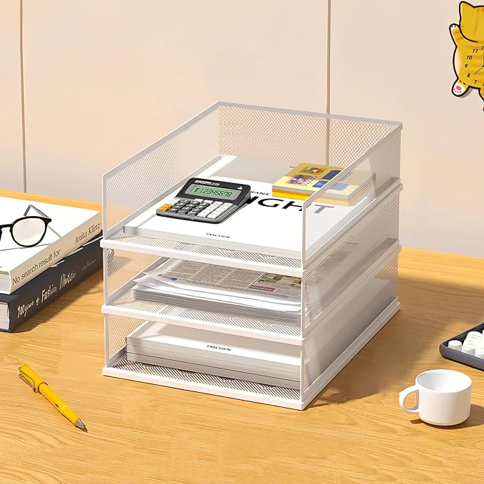 A3 Mesh Desk File Organizer, Stackable Paper Tray，Desktop Document Sorter, File Storage, 3/4/5-Tier Paper Letter Tray Organizer, Desk Accessories & Workspace, Black (3 Tier-Portrait-White) by wen-liz-US